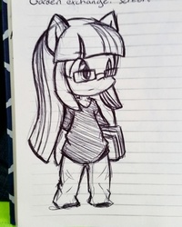 Size: 970x1212 | Tagged: safe, artist:gummigator, twilight sparkle, human, g4, book, chibi, cute, eared humanization, female, glasses, humanized, lined paper, sketch, solo, traditional art, twiabetes