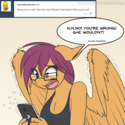 Size: 2000x2000 | Tagged: safe, artist:silverfox057, scootaloo, anthro, ask nerdy scootaloo, g4, ask, breasts, cleavage, clothes, female, floppy ears, glasses, high res, nerd, nerdaloo, older, phone, reversalmushroom, scootanerd, shaking, solo, spread wings, tank top, tumblr