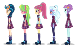 Size: 1310x816 | Tagged: safe, indigo zap, lemon zest, sour sweet, sugarcoat, sunny flare, equestria girls, g4, my little pony equestria girls: friendship games, clothes, crystal prep academy uniform, ear piercing, earring, female, glasses, jewelry, piercing, pleated skirt, ponytail, school uniform, shadow five, shoes, simple background, skirt, socks, vest, white background