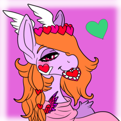 Size: 1024x1024 | Tagged: safe, artist:brainiac, oc, oc only, pegasus, pony, blushing, braid, clothes, cute, face paint, female, hairclip, heart, laurel wreath, lidded eyes, mare, needs more saturation, pin, scarf, solo, sticker