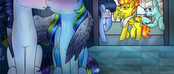 Size: 1023x434 | Tagged: safe, artist:northlights8, fleetfoot, rainbow dash, soarin', spitfire, wave chill, pony, g4, blushing, cellphone, colored wings, fleetfoot the shipper, hug, imminent kissing, kissing, male, phone, ship:soarindash, shipper on deck, shipping, smartphone, spitfire the shipper, straight, wave chill the shipper, winghug