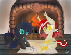 Size: 2600x2000 | Tagged: safe, artist:silviawing, artist:unisoleil, oc, oc only, oc:red-white flash, oc:silvia rhea wing, bat pony, pony, 2015, chibi, collaboration, cute, drawing, fireplace, foal, high res, nightpony, ocbetes