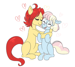 Size: 4000x3600 | Tagged: safe, artist:kaikururu, oc, oc only, oc:crayola, oc:spellbind, earth pony, pony, couple, cute, duo, earth pony oc, eyes closed, female, floppy ears, glasses, heart, hug, lesbian, mare, oc x oc, ocbetes, request, requested art, shipping, simple background, smiling, white background