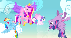 Size: 1100x593 | Tagged: safe, artist:tiffanymarsou, princess cadance, princess flurry heart, rainbow dash, twilight sparkle, alicorn, pony, g4, cloud, concave belly, eyes closed, flying, flying lesson, laughing, older, physique difference, size difference, slender, thin, twilight sparkle (alicorn), upside down, watermark