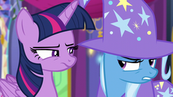 Size: 1280x720 | Tagged: safe, screencap, trixie, twilight sparkle, alicorn, pony, g4, no second prances, twilight sparkle (alicorn)