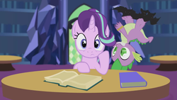 Size: 1366x768 | Tagged: safe, artist:agrol, spike, starlight glimmer, bat, dragon, starlight and the strange castle, g4, library, twilight's castle