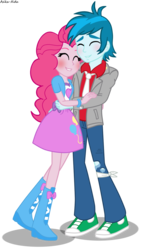 Size: 689x1224 | Tagged: safe, artist:asika-aida, pinkie pie, thunderbass, equestria girls, g4, art trade, blushing, boots, clothes, eyes closed, high heel boots, male, pants, pinkiebass, shipping, simple background, skirt, smiling, sneakers, straight, transparent background