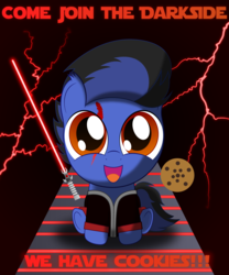 Size: 2000x2400 | Tagged: safe, artist:spellboundcanvas, oc, oc only, pony, clothes, cookie, crossover, cute, dark side, food, high res, jacket, lightning, lightsaber, ocbetes, red lightning, scar, sith, solo, star wars, text, we have cookies, weapon