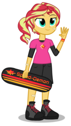 Size: 1736x3072 | Tagged: dead source, safe, artist:drewmwhit, sunset shimmer, human, equestria girls, g4, alternate hairstyle, alternate universe, bandaid, clothes, cute, female, legs, orphan, simple background, skateboard, solo, transparent background, vector, waving, younger