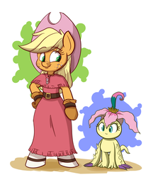 Size: 1250x1400 | Tagged: safe, artist:heir-of-rick, applejack, fluttershy, palmon, anthro, unguligrade anthro, daily apple pony, g4, clothes, crossover, cute, digimon, dress, jackabetes, mimi, mimi tachikawa, shyabetes, species swap