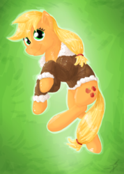 Size: 631x885 | Tagged: safe, artist:testostepone, applejack, g4, bomber jacket, bust, clothes, coat, female, hatless, looking at you, missing accessory, painting, portrait, simple background, smiling, solo