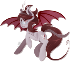 Size: 1000x867 | Tagged: safe, artist:mallowglitz, oc, oc only, oc:scarlet quill, bat pony, pony, fangs, female, flying, glasses, mare, red eyes, request, requested art, signature, simple background, slit pupils, solo, spread wings, transparent background