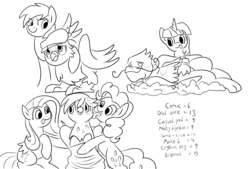 Size: 1479x1000 | Tagged: safe, artist:dudey64, fluttershy, gilda, gimme moore, gustave le grande, pinkie pie, rainbow dash, twilight sparkle, earth pony, griffon, pegasus, pony, g4, female, flutterpred, hat, imminent vore, licking, mare, monochrome, newsboy hat, open mouth, pinkie pred, preddash, role reversal, tongue out, twipred