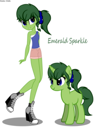 Size: 3610x4644 | Tagged: safe, artist:asika-aida, oc, oc only, oc:emerald sparkle, human, pony, unicorn, equestria girls, g4, absurd resolution, clothes, converse, equestria girls-ified, human ponidox, self ponidox, shoes, shorts, simple background, solo, tank top, transparent background
