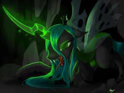 Size: 1600x1200 | Tagged: safe, artist:nutty-stardragon, artist:nuttypanutdy, queen chrysalis, changeling, changeling queen, g4, cave, crouching, crown, female, glowing horn, horn, jewelry, open mouth, regalia, salivating, solo, tongue out