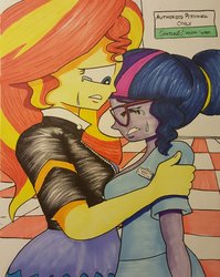 Size: 1024x1284 | Tagged: safe, artist:missmayaleanne, sci-twi, sunset shimmer, twilight sparkle, equestria girls, g4, clothes, crying, depressed, depression, duo, female, hospital, hospital gown, hug, implied self harm, implied self harm scars, lesbian, sad, ship:sci-twishimmer, ship:sunsetsparkle, shipping, story included, traditional art