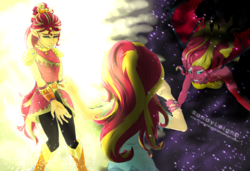 Size: 4092x2800 | Tagged: safe, artist:randyleighd, sunset shimmer, equestria girls, g4, legend of everfree, boots, clothes, crystal guardian, elf ears, evil, female, good, high heel boots, high res, ponied up, rear view, shoes, solo, sunset satan, sunset's conscience