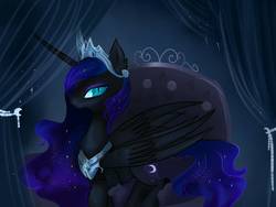 Size: 1600x1200 | Tagged: safe, artist:nutty-stardragon, artist:nuttypanutdy, nightmare moon, alicorn, pony, g4, crown, curtains, female, jewelry, looking at you, regalia, sitting, solo