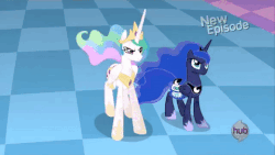 Size: 480x270 | Tagged: safe, edit, edited screencap, screencap, princess celestia, princess luna, g4, princess twilight sparkle (episode), animated, female, frown, gif, glare, loop, majestic as fuck, party hard, raised hoof, reversed, spread wings, stomping, wide eyes