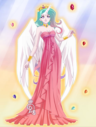 Size: 815x1079 | Tagged: safe, artist:leek-cn, princess celestia, human, g4, breasts, cleavage, clothes, dress, female, horn, horned humanization, humanized, nail polish, sailor moon (series), solo