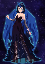 Size: 771x1080 | Tagged: safe, artist:leek-cn, princess luna, human, g4, breasts, cleavage, clothes, dress, female, high heels, horn, horned humanization, humanized, nail polish, sailor moon (series), solo