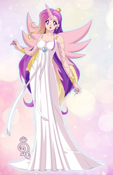 Size: 697x1080 | Tagged: safe, artist:leek-cn, princess cadance, human, g4, breasts, cleavage, clothes, dress, female, horn, horned humanization, humanized, nail polish, sailor moon (series), solo