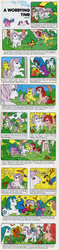 Size: 574x2439 | Tagged: safe, cherries jubilee, cotton candy (g1), firefly, majesty, posey, bird, butterfly, pony, comic:my little pony (g1), g1, birthday, bow, butt, coma, comic, counting, female, garden, horn, it's a trap, mare, nurse, party, pit, plot, recovery, sleeping, tail, tail bow, tail pull, twirled her magic horn, witch