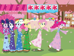 Size: 1600x1200 | Tagged: safe, artist:eninejcompany, part of a set, applejack, fluttershy, pinkie pie, rainbow dash, rarity, twilight sparkle, human, equestria girls, g4, baymax, big hero 6, clothes, cotton candy, domo, equestria girls around the world, festival, food, japan, japanese, kimono (clothing), mane six, matsuri, part of a series, umbrella, yukata