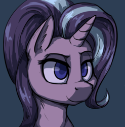 Size: 877x887 | Tagged: safe, artist:duop-qoub, artist:post-it, starlight glimmer, pony, unicorn, g4, blue background, bust, colored pupils, dark background, ear fluff, female, lidded eyes, mare, portrait, simple background, smiling, solo, style emulation