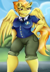 Size: 890x1280 | Tagged: safe, artist:marcushunter, spitfire, anthro, g4, breasts, busty spitfire, clothes, female, grin, hand on hip, shirt, shorts, smiling, solo, stupid sexy spitfire