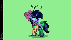 Size: 1366x768 | Tagged: safe, artist:php142, oc, oc only, oc:purple flix, pony, unicorn, pony town, bow, clothes, happy, one eye closed, shirt, smiling, socks, solo, wink