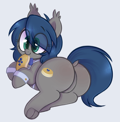 Size: 1024x1041 | Tagged: safe, artist:toroitimu, oc, oc only, oc:blueberry pancake, bat pony, pony, apron, blueberry, bowtie, butt, chubby, clothes, colored pupils, cute, dock, fangs, featureless crotch, female, food, frog (hoof), nibbling, pancakes, plot, plump, solo, the ass was fat, thick, transparent mane, underhoof