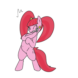 Size: 500x500 | Tagged: safe, artist:kushina13, pacific glow, pinkie pie, pony, g4, belly button, bipedal, clone, crying, eyelashes, female, ouch, pinkie clone, pubic mound, simple background, solo, tears of pain, teary eyes, tweezers, white background