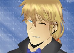 Size: 3500x2500 | Tagged: safe, artist:waywardphantomeagle, prince blueblood, human, g4, abstract background, bowtie, bust, high res, humanized, male, one eye closed, portrait, solo, wink