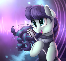 Size: 2000x1860 | Tagged: safe, artist:vanillaghosties, coloratura, earth pony, pony, g4, the mane attraction, abstract background, clothes, ear fluff, female, mare, microphone, microphone stand, open mouth, singing, smiling, solo, windswept mane