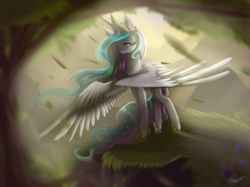 Size: 1182x886 | Tagged: safe, artist:nutty-stardragon, artist:nuttypanutdy, princess celestia, alicorn, pony, g4, female, forest, smiling, solo, spread wings