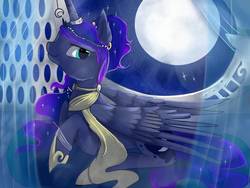 Size: 1600x1200 | Tagged: safe, artist:nutty-stardragon, artist:nuttypanutdy, princess luna, g4, female, horn, horn jewelry, jewelry, moon, night, prone, sash, solo