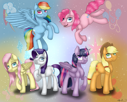 Size: 1600x1280 | Tagged: safe, artist:gittykitty264, applejack, fluttershy, pinkie pie, rainbow dash, rarity, twilight sparkle, alicorn, pony, g4, cowboy hat, crossed hooves, group, hat, mane six, open mouth, raised hoof, stetson, twilight sparkle (alicorn)