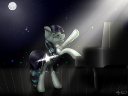 Size: 2000x1500 | Tagged: safe, artist:gittykitty264, coloratura, earth pony, pony, g4, the mane attraction, bipedal, crying, eyes closed, female, moon, musical instrument, night, open mouth, piano, rara, signature, singing, solo, spotlight, stage, stars, tears of joy