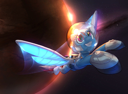 Size: 1200x883 | Tagged: safe, artist:tsitra360, artist:vest, rainbow dash, g4, astrodash, astronaut, clothes, collaboration, costume, female, flying, planet, smiling, solo, space, spacesuit, stars