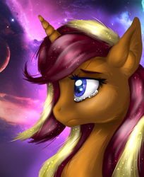 Size: 872x1068 | Tagged: safe, artist:not-ordinary-pony, derpibooru exclusive, oc, oc only, oc:eastern light, pony, unicorn, crying, solo, space, sparkles