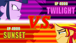 Size: 1080x608 | Tagged: safe, sunset shimmer, twilight sparkle, equestria girls, g4, vs, yu-gi-oh!