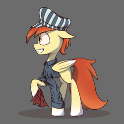 Size: 2000x2000 | Tagged: safe, artist:malphee, oc, oc only, pegasus, pony, cloth, clothes, high res, male, railroad pony, raised hoof, simple background, smiling, solo, stallion