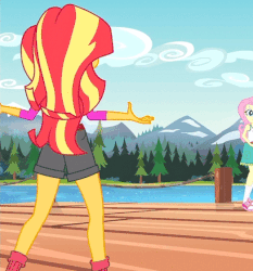 Size: 523x561 | Tagged: safe, screencap, fluttershy, sunset shimmer, equestria girls, g4, my little pony equestria girls: legend of everfree, animated, boots, camp everfree outfits, clothes, female, gif, lake, legs, mountain, pier, rear view, shoes, shorts, socks, tree, walking