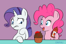 Size: 1000x667 | Tagged: safe, artist:empyu, pinkie pie, rarity, earth pony, pony, unicorn, g4, 30 minute art challenge, cupcake, duo, food, hot sauce, rarity looking at food, simple background, table