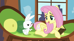 Size: 1920x1080 | Tagged: safe, screencap, angel bunny, fluttershy, pony, g4, the hooffields and mccolts, 1080p, book, booty call, couch, glowing cutie mark, looking back, nonchalant, smiling, window