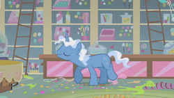 Size: 1280x720 | Tagged: safe, screencap, pokey pierce, pony, unicorn, call of the cutie, g4, background pony, balloon, balloon popping, cuteceañera, dancing, eyes closed, horn, male, party, party balloon, pointy horn, solo, stallion, sugarcube corner