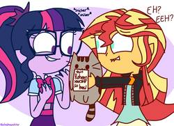 Size: 1378x999 | Tagged: safe, artist:psychodiamondstar, sci-twi, sunset shimmer, twilight sparkle, cat, equestria girls, g4, clothes, cute, dialogue, duo, female, glasses, grin, holding, lip bite, multicolored hair, onomatopoeia, ponytail, pun, pusheen, skirt, smiling, snickering, stifling laughter, text