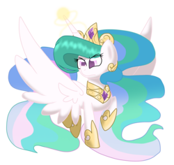Size: 2700x2550 | Tagged: safe, artist:ashleigharts, princess celestia, pony, g4, female, high res, looking at something, magic, mare, raised hoof, simple background, solo, spread wings, stern, transparent background