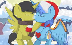 Size: 2800x1750 | Tagged: safe, artist:ashleigharts, oc, oc only, oc:necrolancer, oc:tattered pages, alicorn, pony, alicorn oc, clothes, commission, hat, kissing, santa hat, scarf, snow, snowfall